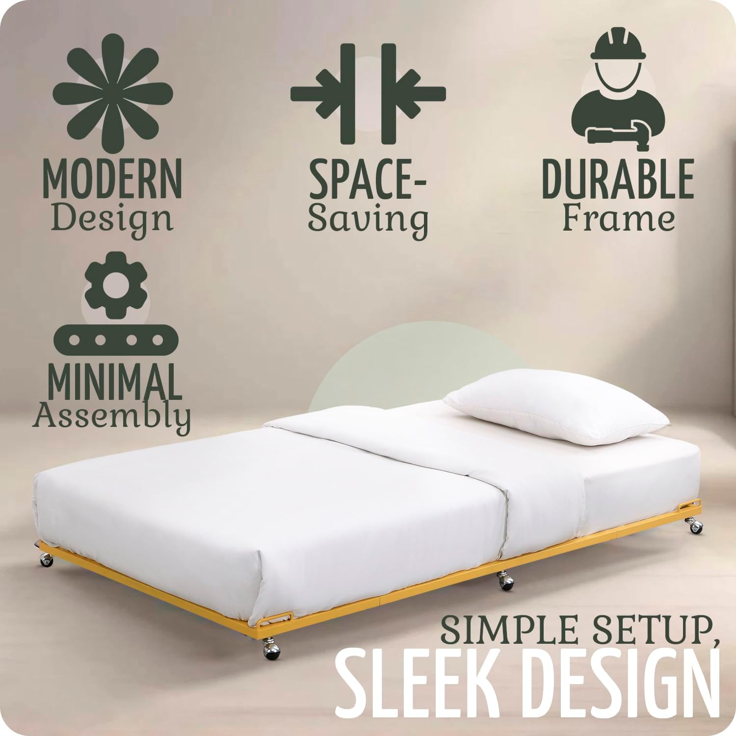 2K Furniture Designs - Twin Size Black Metal Roll Out Trundle Bed Frame for Daybed | Space-Saving Guest Bed - Slides Under Daybeds for Overnight Visitors, Dorms, and Small Spaces
