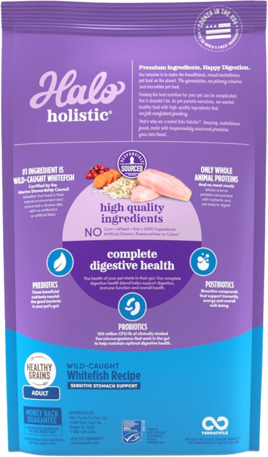 Halo Holistic Dry Cat Food for Sensitive Stomach, Wild-Caught Whitefish Natural Adult Cat Kibble with Healthy Grains, Probiotics & Omega Fatty Acids for Skin and Coat Health, 6 lb Bag