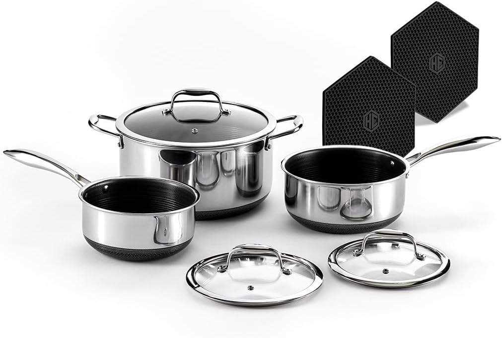 HexClad Hybrid Nonstick 6 Pc Pot Set & Trivets, 2, 3, and 8-Qt Pots & Lids | Stay-Cool Handles, Dishwasher and Oven Safe, Compatible with All Cooktops