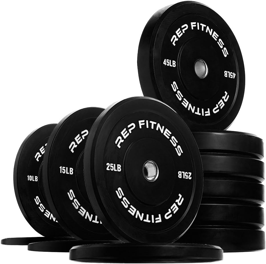 REP Fitness Rubber Bumper Plates, 5Lb to 370 lb Set Pairs, Olympic Standard Weights, Shock Absorbing Low Bounce Design, For Home Gyms, Fitness Centers, Strength Workouts, Barbell Use