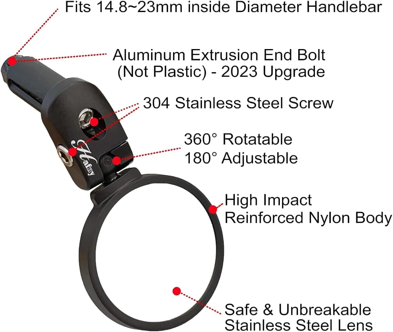 Hafny Bike Mirror, Bike Bar End Mirror, Unbreakable Stainless Steel Lens, Safe Adjustable Rearview Mirror, Cycle, E-bike, HF-MR083/HF-M851-FR03 (Black 62mm Dia)