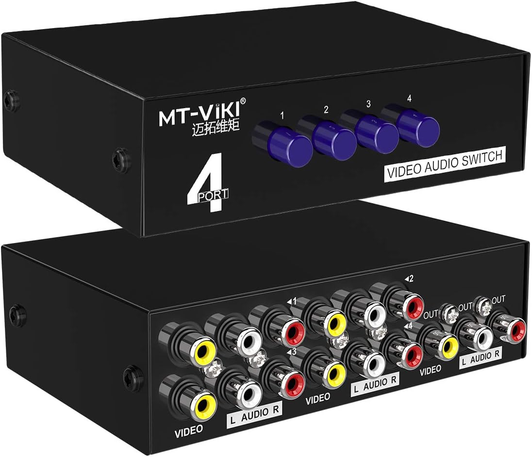 MT-ViKI 4 Way AV RCA Switch, 4 in 1 Out Composite Video L/R Audio Switcher Selector Box for DVD Player, SNES, N64, PS2/3 Game Consoles
