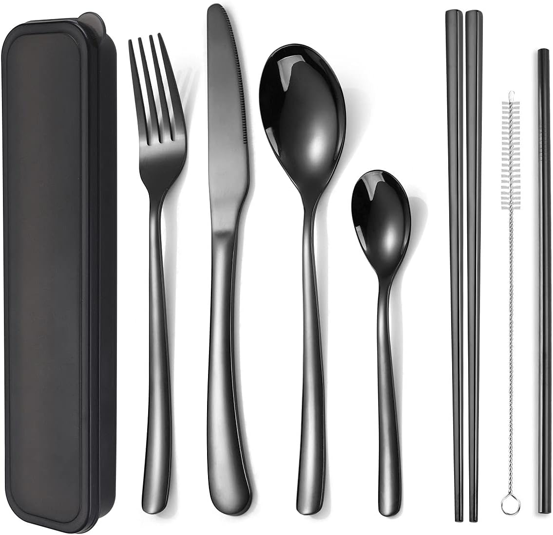 AARAINBOW 6 Pieces 18/8 Stainless Steel Flatware Set Portable Reusable Cutlery Set Travel Utensils Set Including Chopsticks Knife Fork Spoon Straws