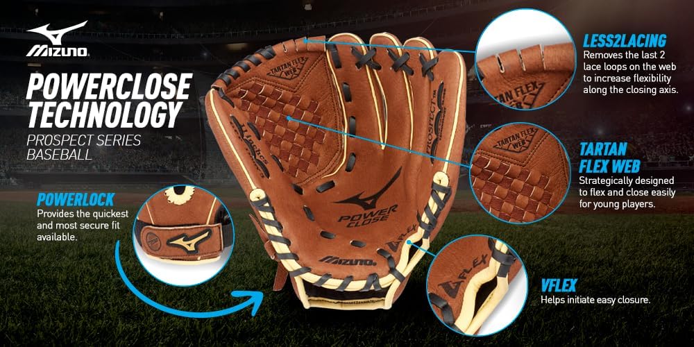 Mizuno Prospect PowerClose Youth Baseball Glove Series I V-Flex Notch I Parashock Palm Pad I Buttersoft Palm Liner