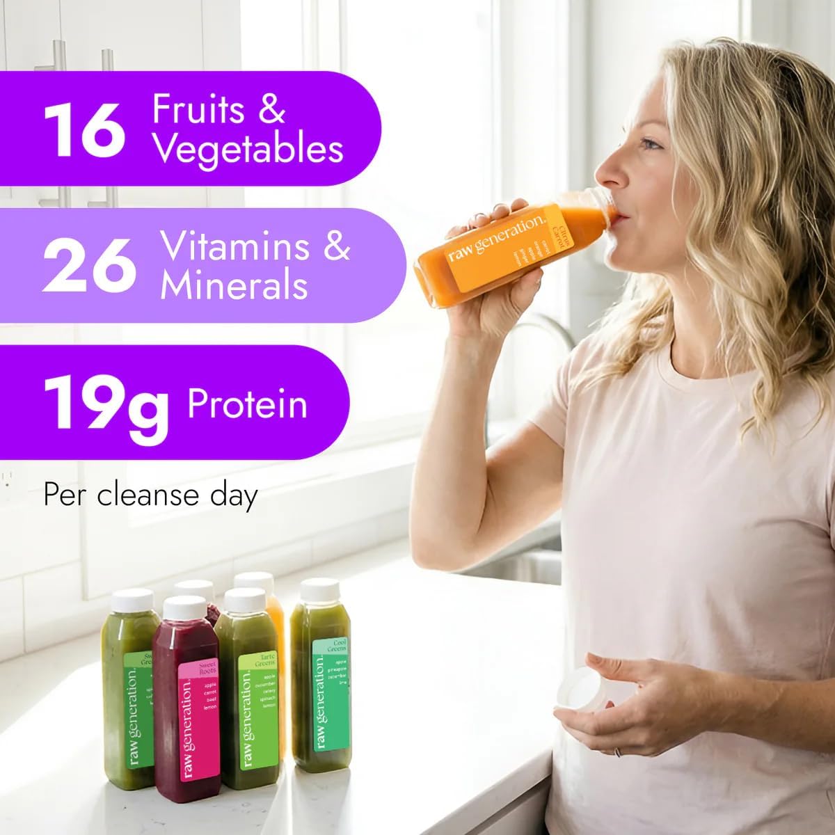 Raw Generation Skinny Juice Cleanse, 5-Day, 30 Cold-Pressed Juice Bottles | Clean ingredients, no added sugar or sweeteners, fruit & vegetable blends, 19g daily protein, at-home reset, cravings support