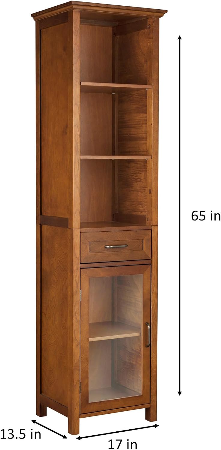 Teamson Home Avery Wooden Bathroom Linen Tower Cabinet with 1 Drawer 3 Adjustable Interior Shelves and 6 Storage Spaces, Oiled Oak