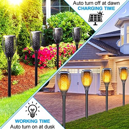 Large Size Solar Torch Light with Flickering Flame, 8 Pack | Fire Effect Garden Lights Outdoor, IP65 Waterproof Tiki Torches, Auto On/Off