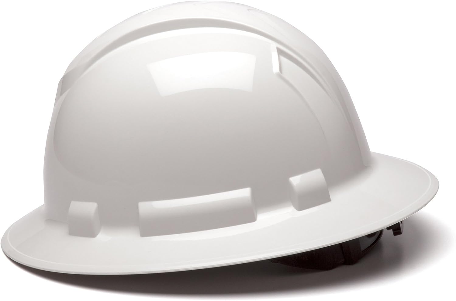 Pyramex Ridgeline Full Brim Hard Hat 4 Point Ratchet White | Full-brim sun & rain protection, HDPE shell, Ratchet suspension, Construction & utility, ANSI Z89.1 Type I Class C/G/E