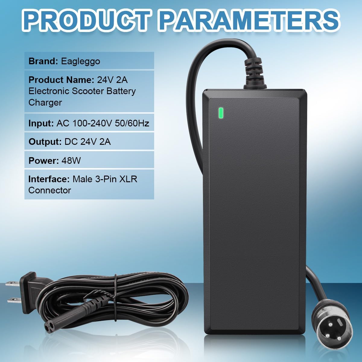 24V 2A 3-Pin XLR Electric Scooter Battery Charger for Go-Go Elite Traveller Plus HD US, Pride Mobility Scooter, Ezip Mountain Trailz