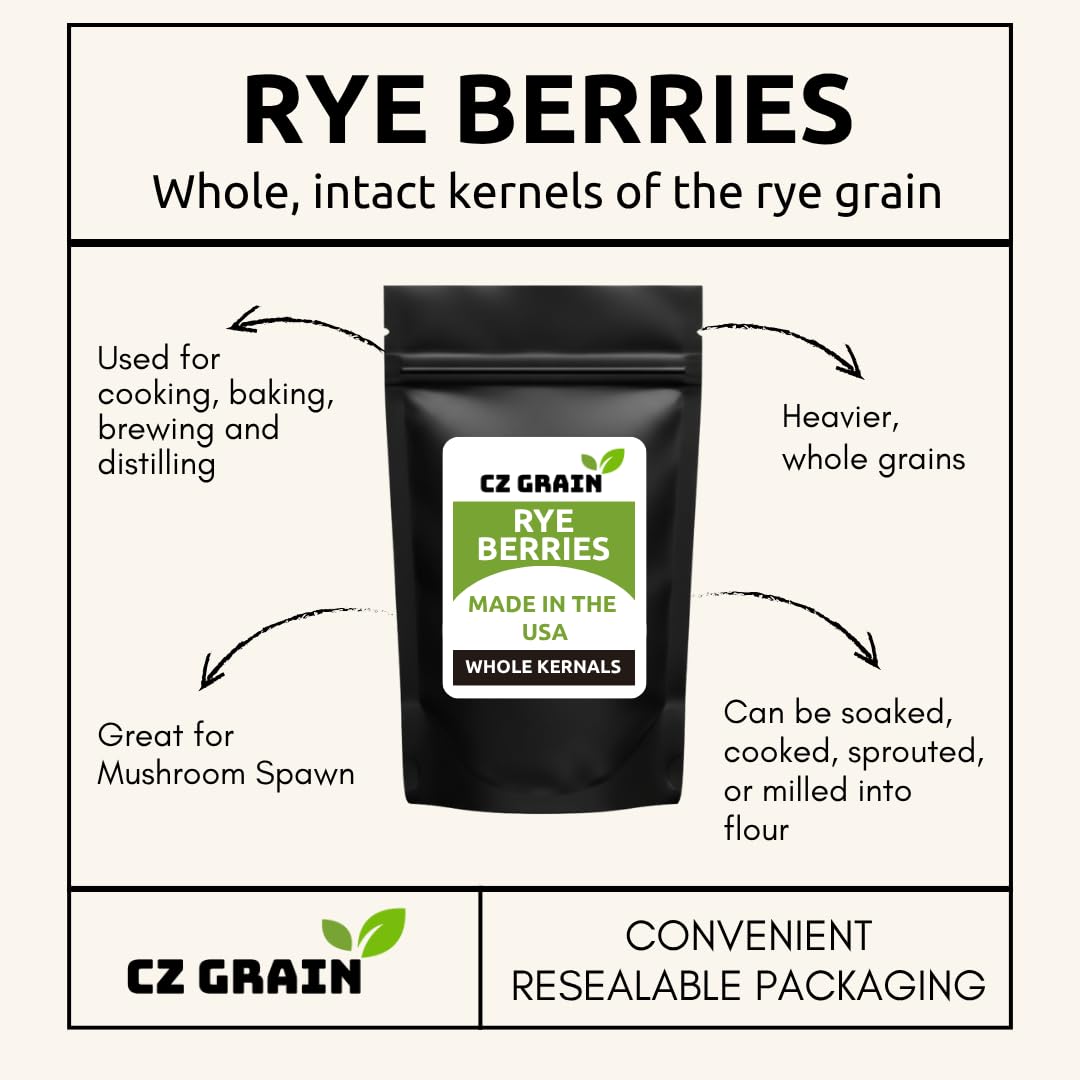 5 Pounds Rye Berries – Non-GMO Whole Rye Grain for Baking, Mushroom Spawn, Brewing & Distilling – Extra Clean, Resealable Bag, 100% USA Product