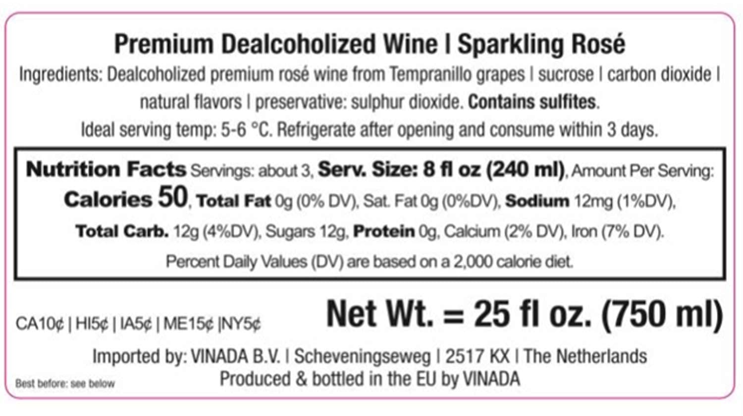 VINADA - Sparkling Gold & Rosé Variety Pack - Zero Alcohol Wine - 750 mL (6 Glass Bottles)