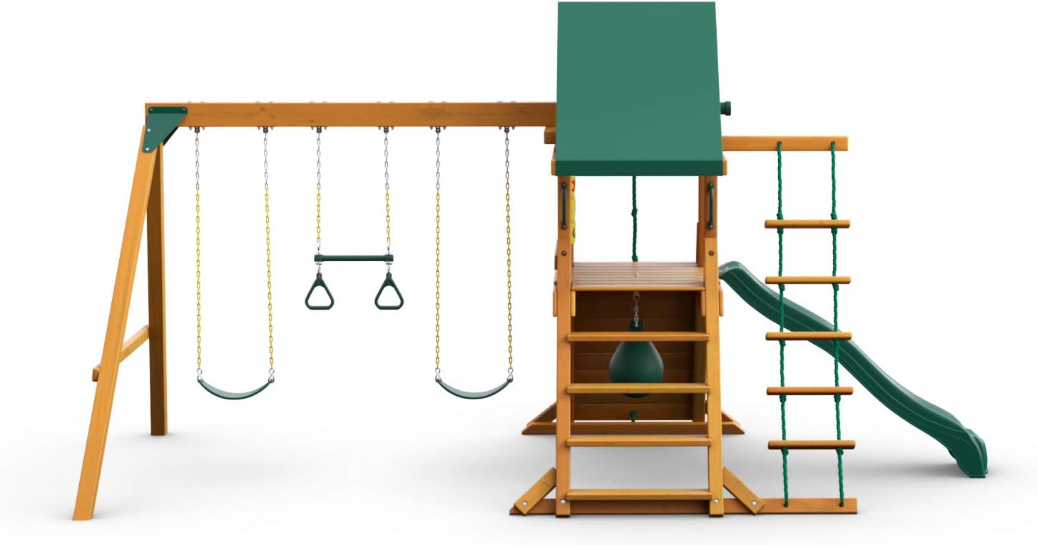 Gorilla Playsets 01-1059-AP High Point Wood Swing Set with Green Vinyl Canopy, Two Swings, Rock Climbing Wall, Slide, Amber