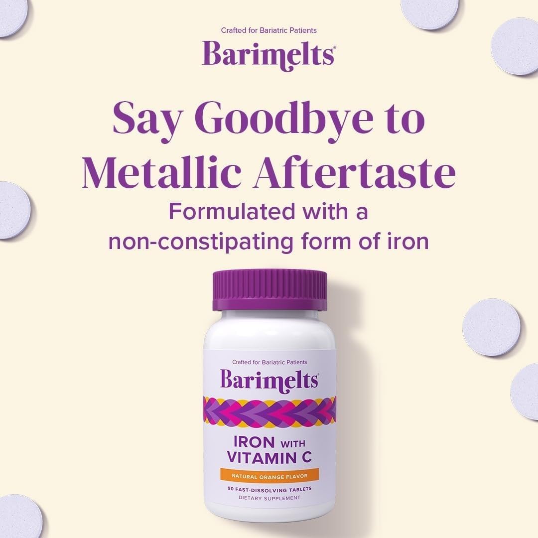 Barimelts Iron with Vitamin C, 90 Fast-Dissolving Tablets (1-Month Supply), Sugar-Free Bariatric Iron Supplement for Women, Natural Orange Flavor​