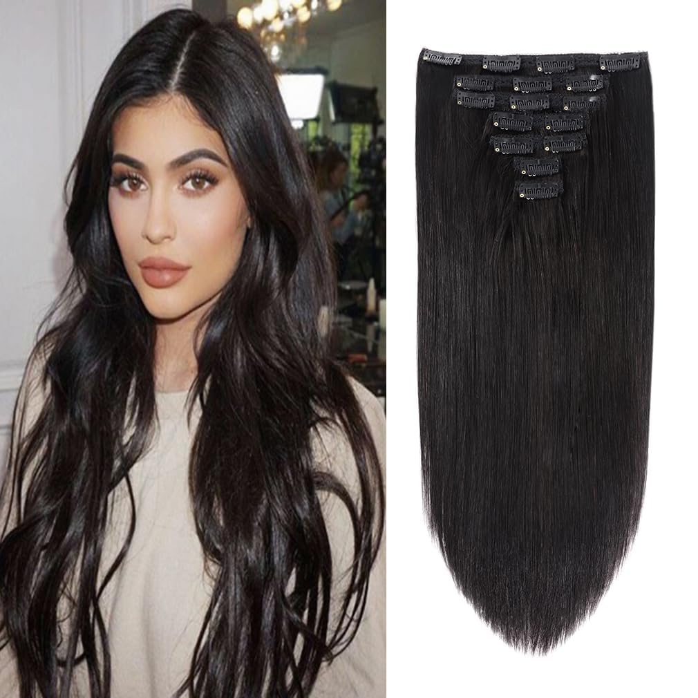 22" Clip in Human Hair Extensions Full Head 200g 10 Pieces 22 Clips Light Brown Double Weft Brazilian Real Remy Hair Extensions Thick Straight (22"