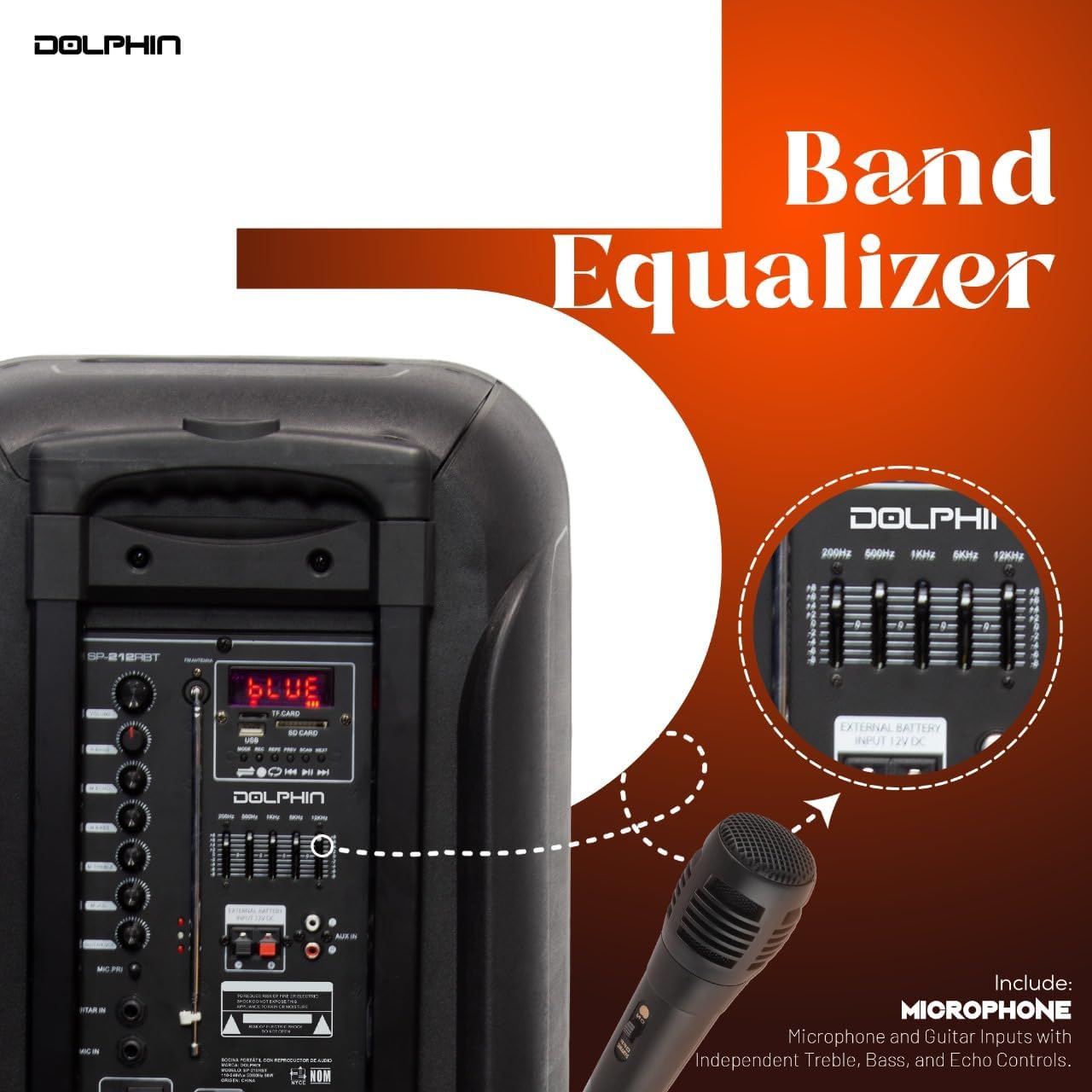 DolphinLarge Bluetooth Party Speaker, Dual 12" Woofers | 3600W Output, WaveSync Pairing, 5-Band EQ, USB, SD, TF, FM & AUX Inputs