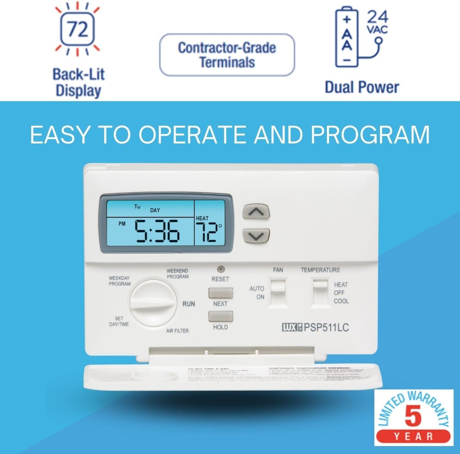 PSP511LC Programmable Thermostat | 5/2-Day, Dial Control