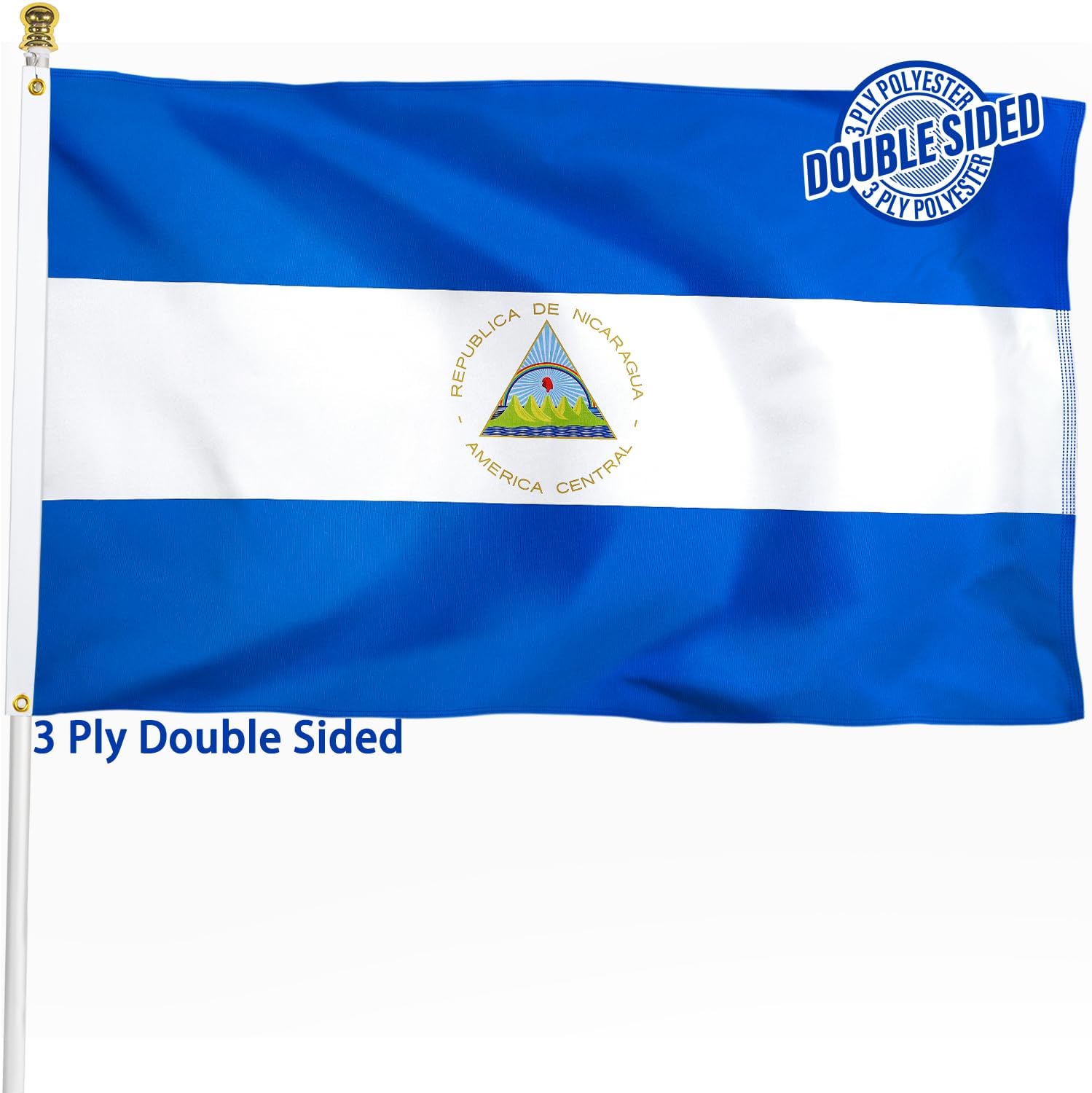 Nicaragua Flag 3x5 ft Outdoor Bandera de Nicaragua Nicaraguan National Flag | Double Sided 3 Ply Heavy Duty Polyester Banner with Brass Grommets for Home and Outdoor Decoration, 4 Rows Stitching