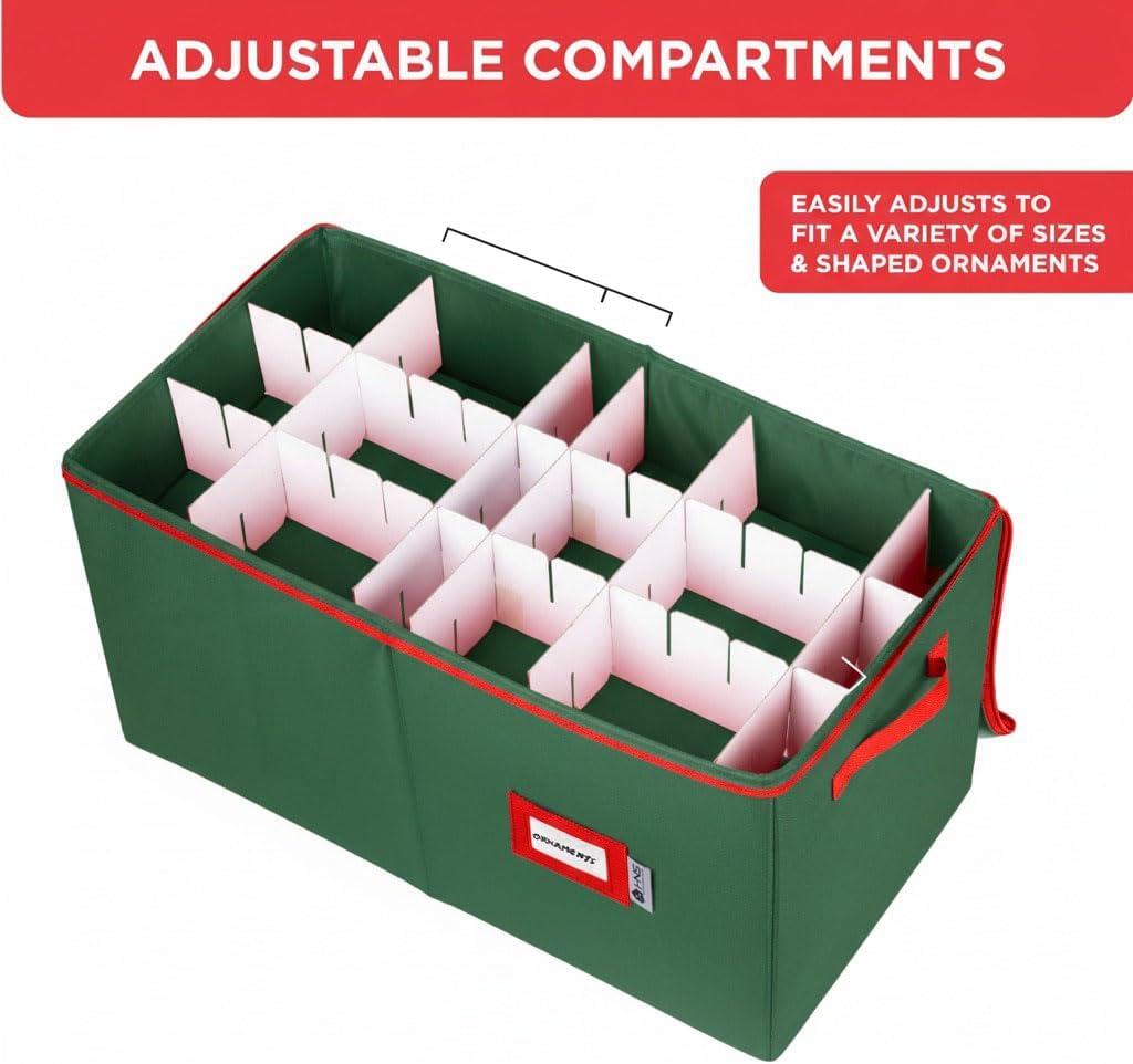 Christmas Ornament Storage Container with Dividers - Box Stores Up to 54 Ornaments, Zippered, Convenient, Adjustable