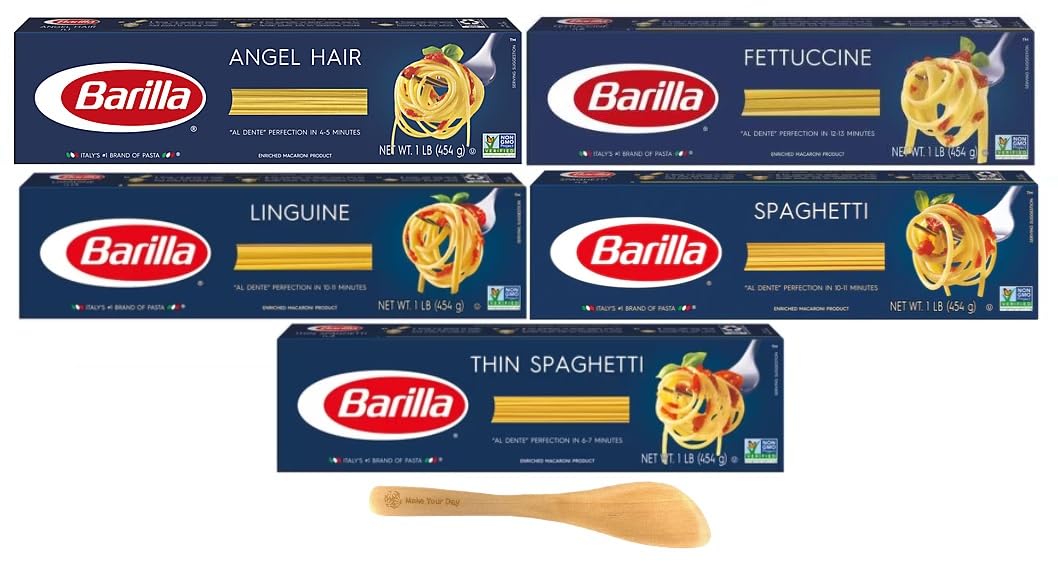 Barilla Pasta, Angel Hair, Fettuccine, Linguine, Spaghetti, and Thin Spaghetti 16 Ounce (Pack of 5) - with Make Your Day Mini Spatula