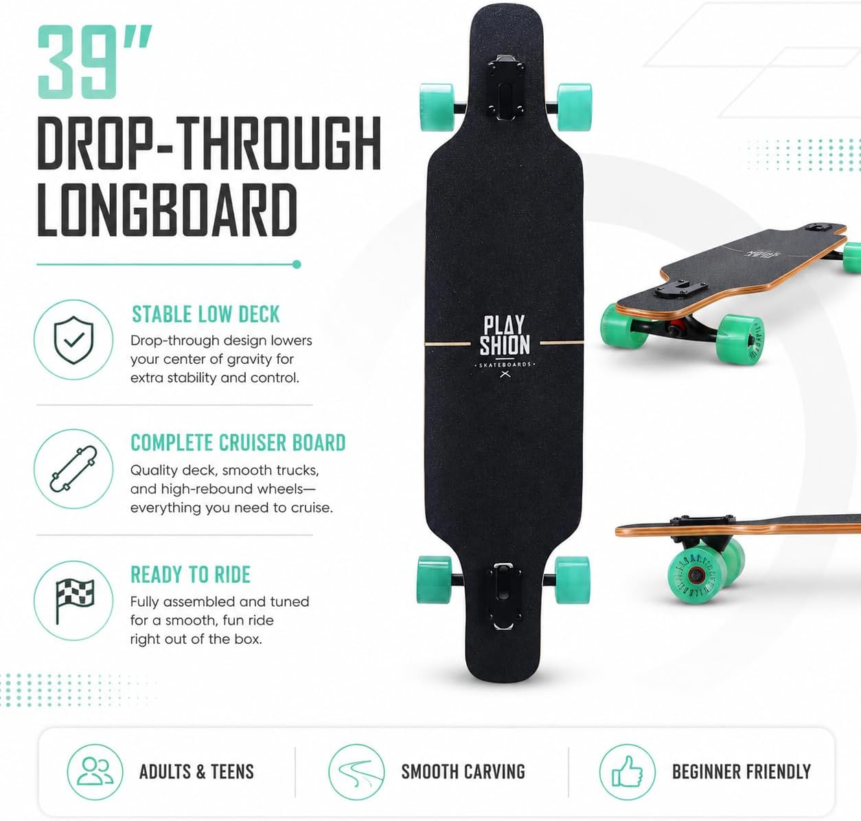 Playshion 39 Inch Drop Through Longboard Skateboard for Beginners