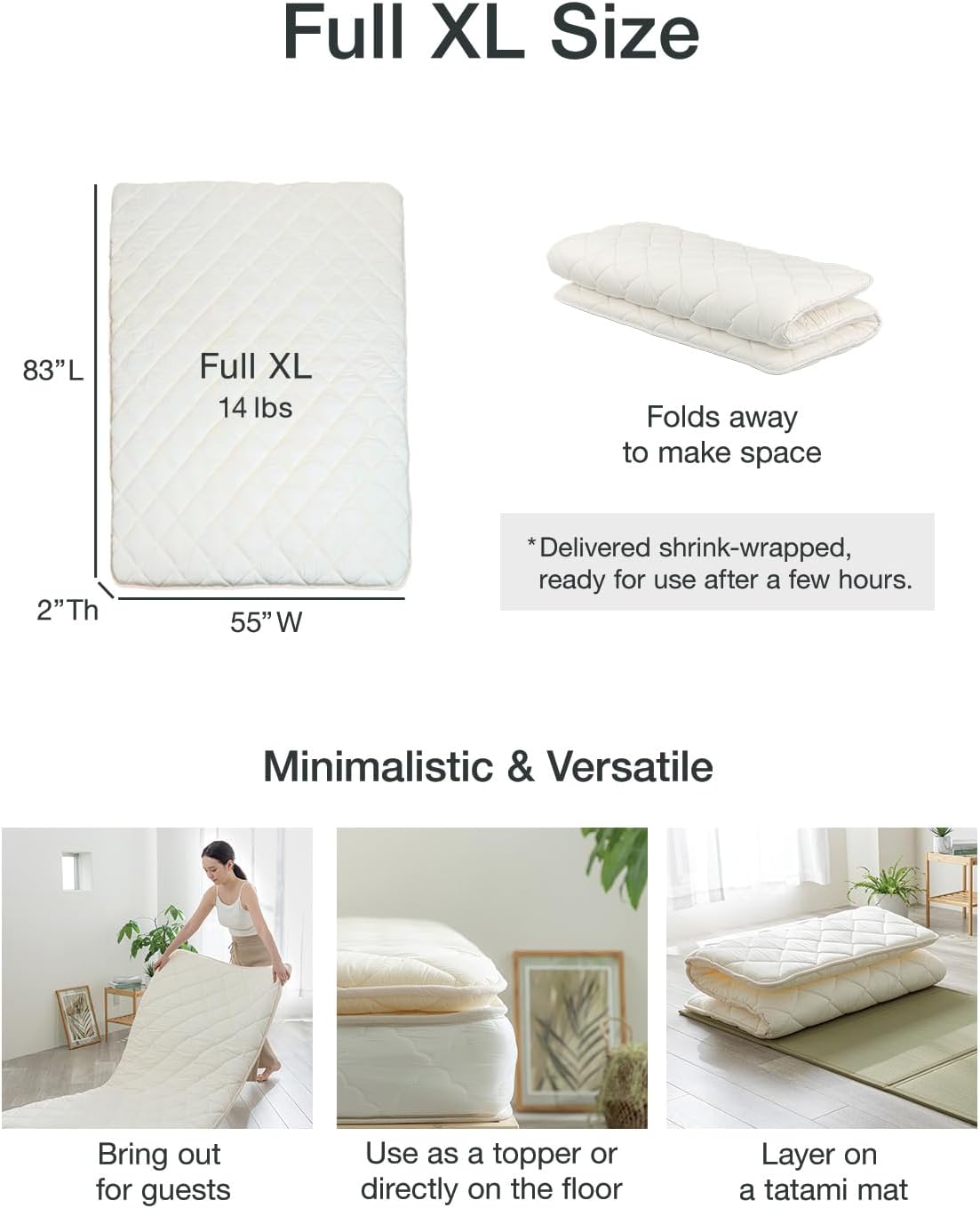 FULI Japanese Futon, Twin XL Size, White - Foldable Shikibuton Floor Bed | Medium Firm Quilted Cotton Sleeping Pad, Portable Roll-Up Japanese Floor Bed for Guests & Small Spaces, 100% cotton surface