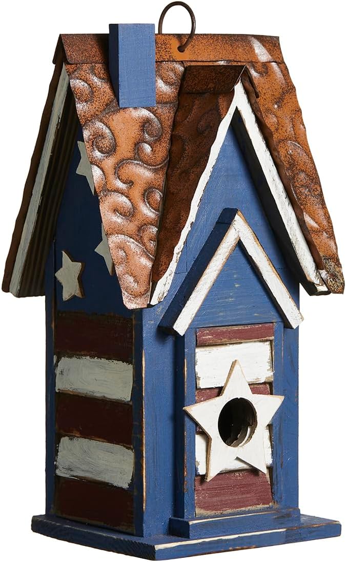 Glitzhome 12" H Green Hanging Distressed Solid Wood Garden Bird House Decorative Birdhouse