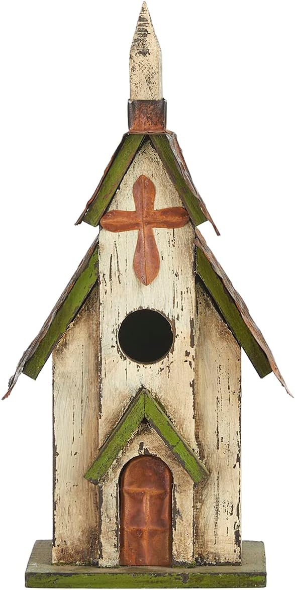 Glitzhome 14" H Hanging Distressed Wooden Church Birdhouse Garden Decor
