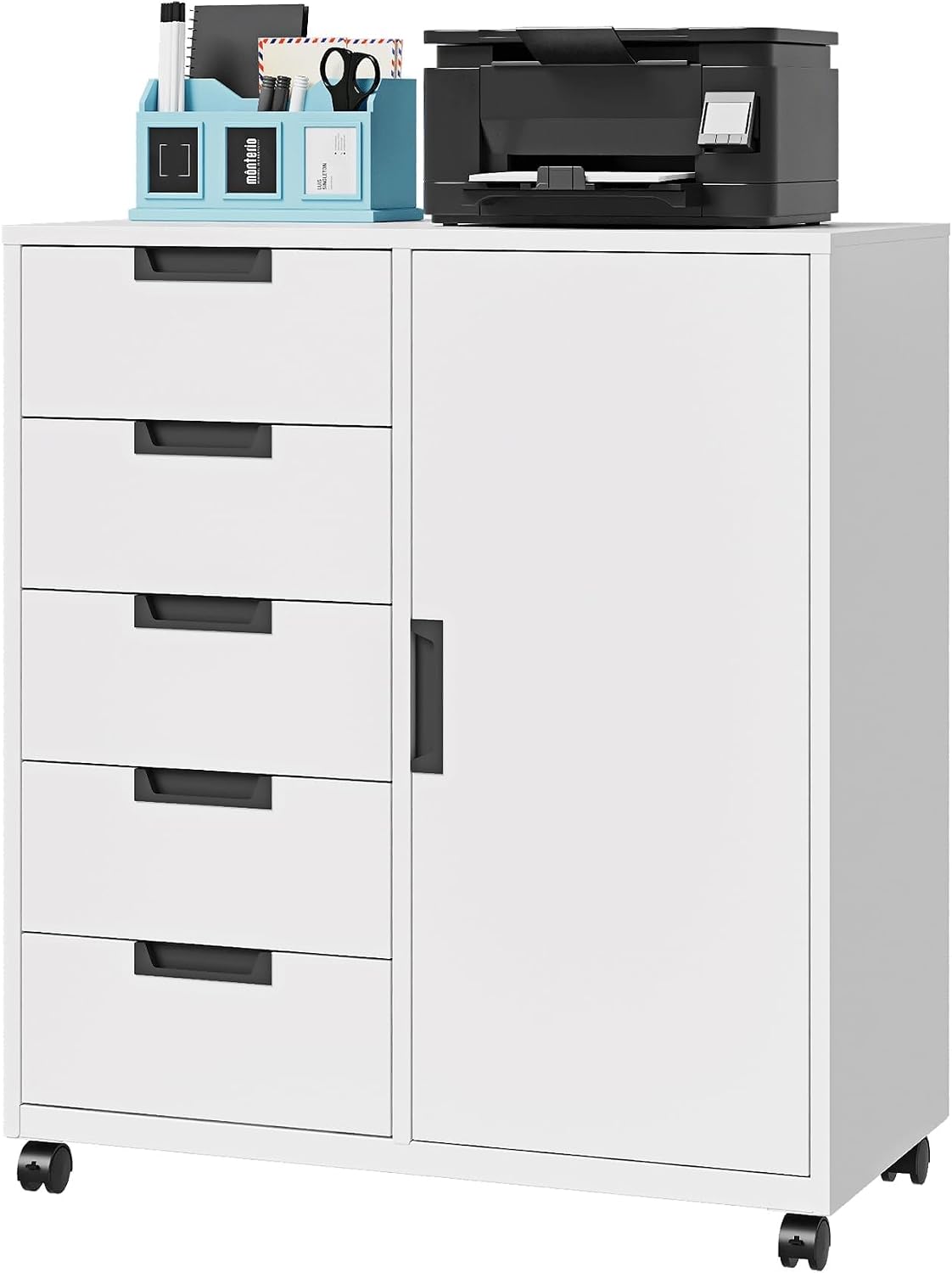 5 Drawer Storage Cabinet, Mobile Printer Stand for Home Office,Dresser Chest with Shelves and Door(White)