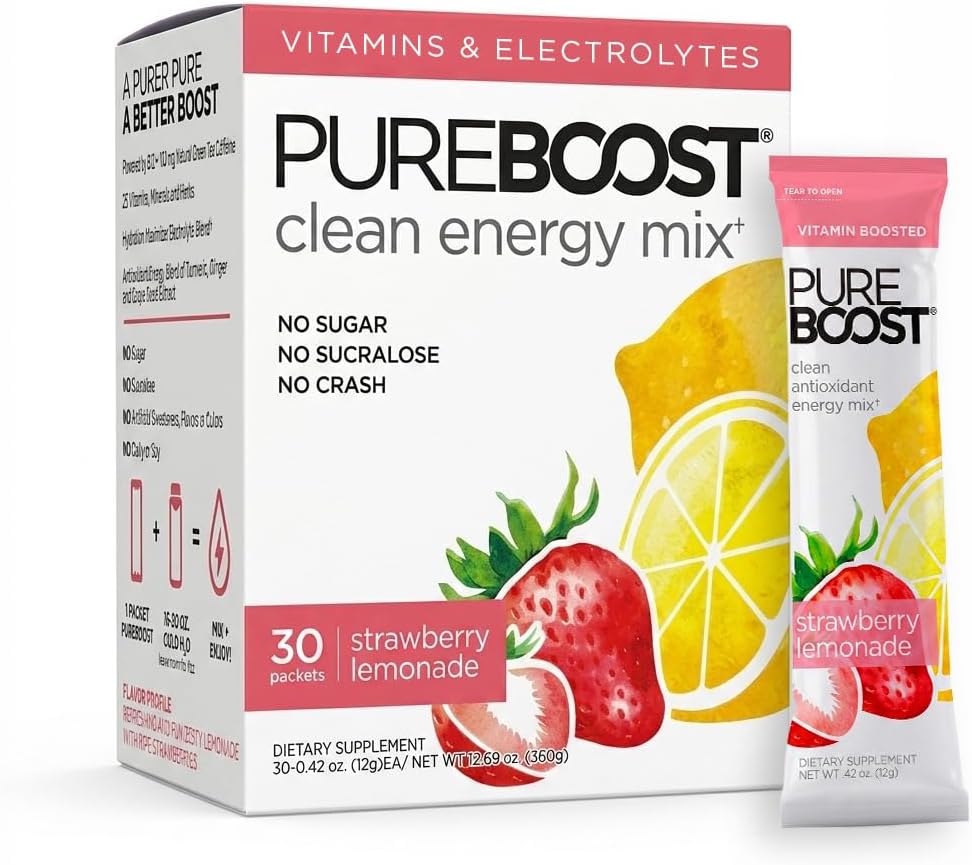 Pureboost Sugar-Free Clean Energy Booster Drink Mix, Citrus Sunrise 30ct | B12 vitamins, low sodium electrolytes & antioxidants. 25 vitamins and minerals. No sucralose.