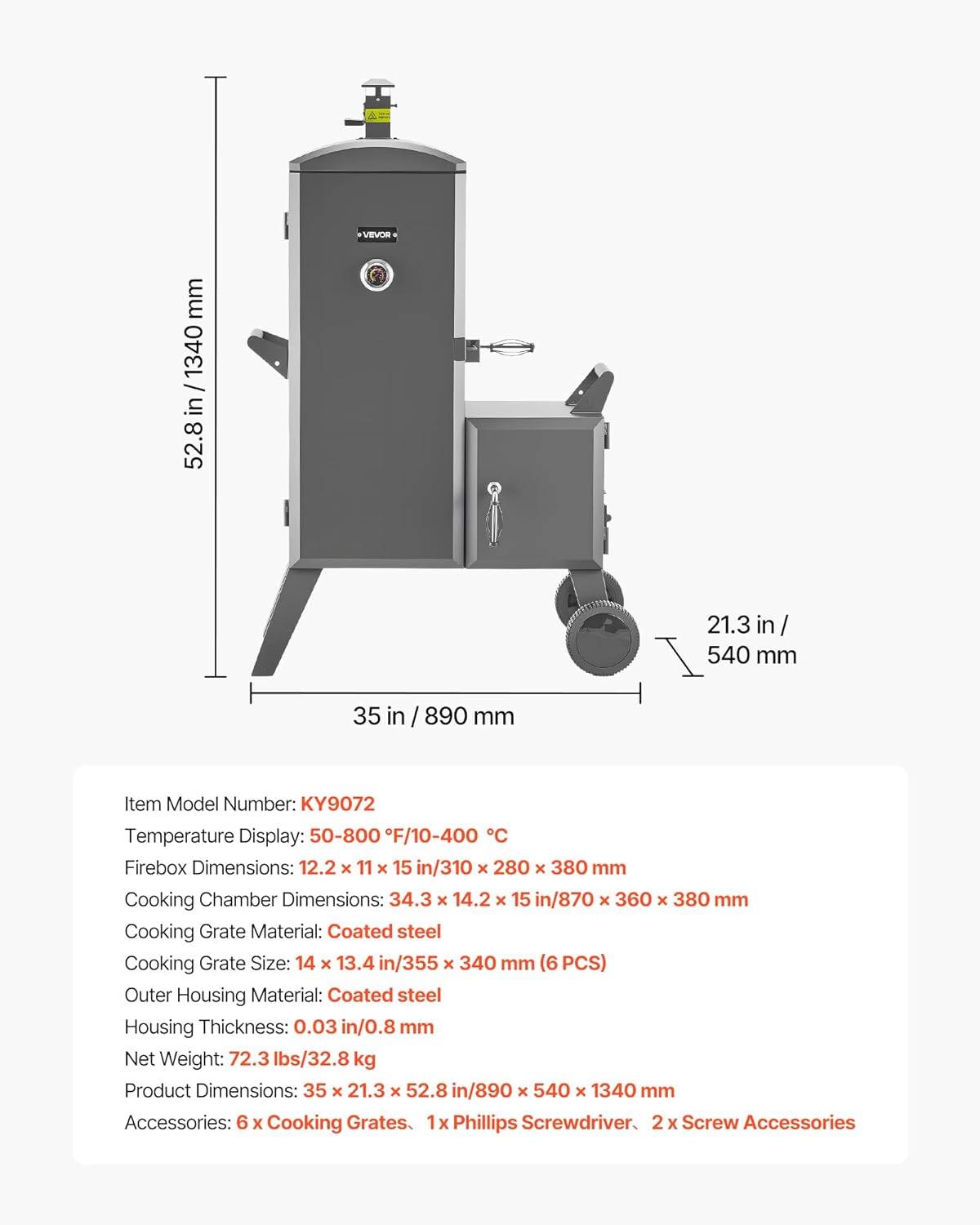VEVOR Charcoal Offset Smoker, Heavy-Duty Steel BBQ Offset Smoker with Side Firebox, Movable Outdoor Barbecue Smokers with 6 Adjustable Grates