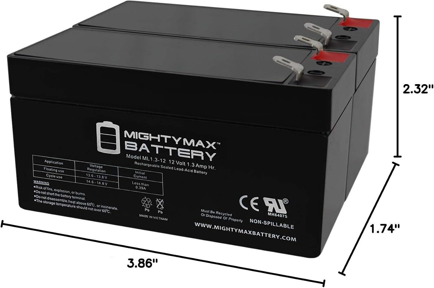 Mighty Max Battery ML1.3-12 - 12 Volt 1.3 AH, F1 Terminal, Rechargeable SLA AGM Battery