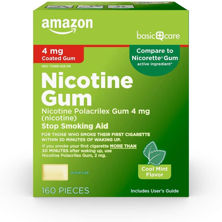 Amazon Basic Care Nicotine Polacrilex Coated Gum 4 mg (nicotine), Cinnamon Flavor, Stop Smoking Aid, Quit Smoking, Reduces Nicotine Cravings, 160 Count