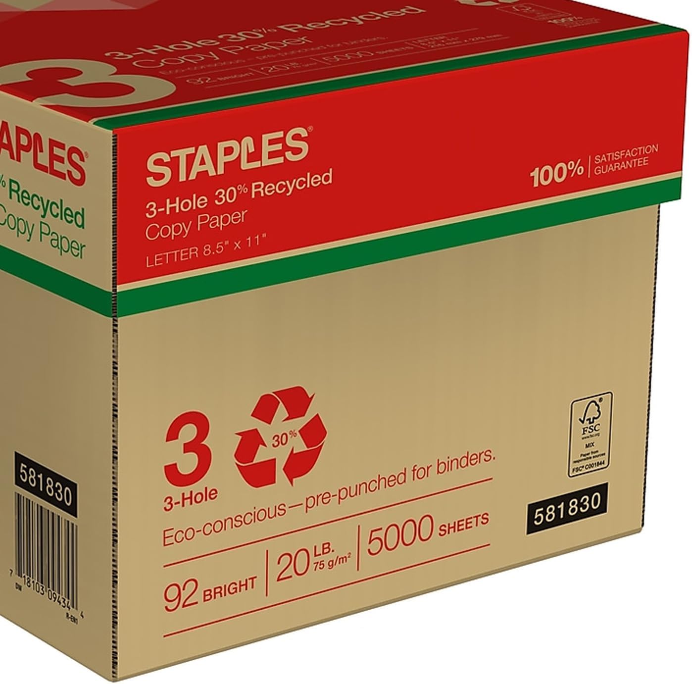Staples 8.5" x 11" 3-Hole Punched Copy Paper, 20 lbs., 92 Brightness, 500/Ream