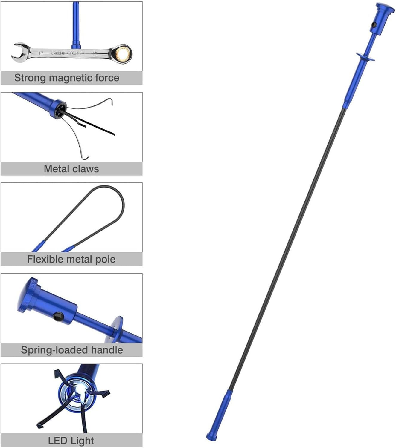 Housolution Grabber Tool Magnetic, Bendable Reacher with LED Lights, Blue