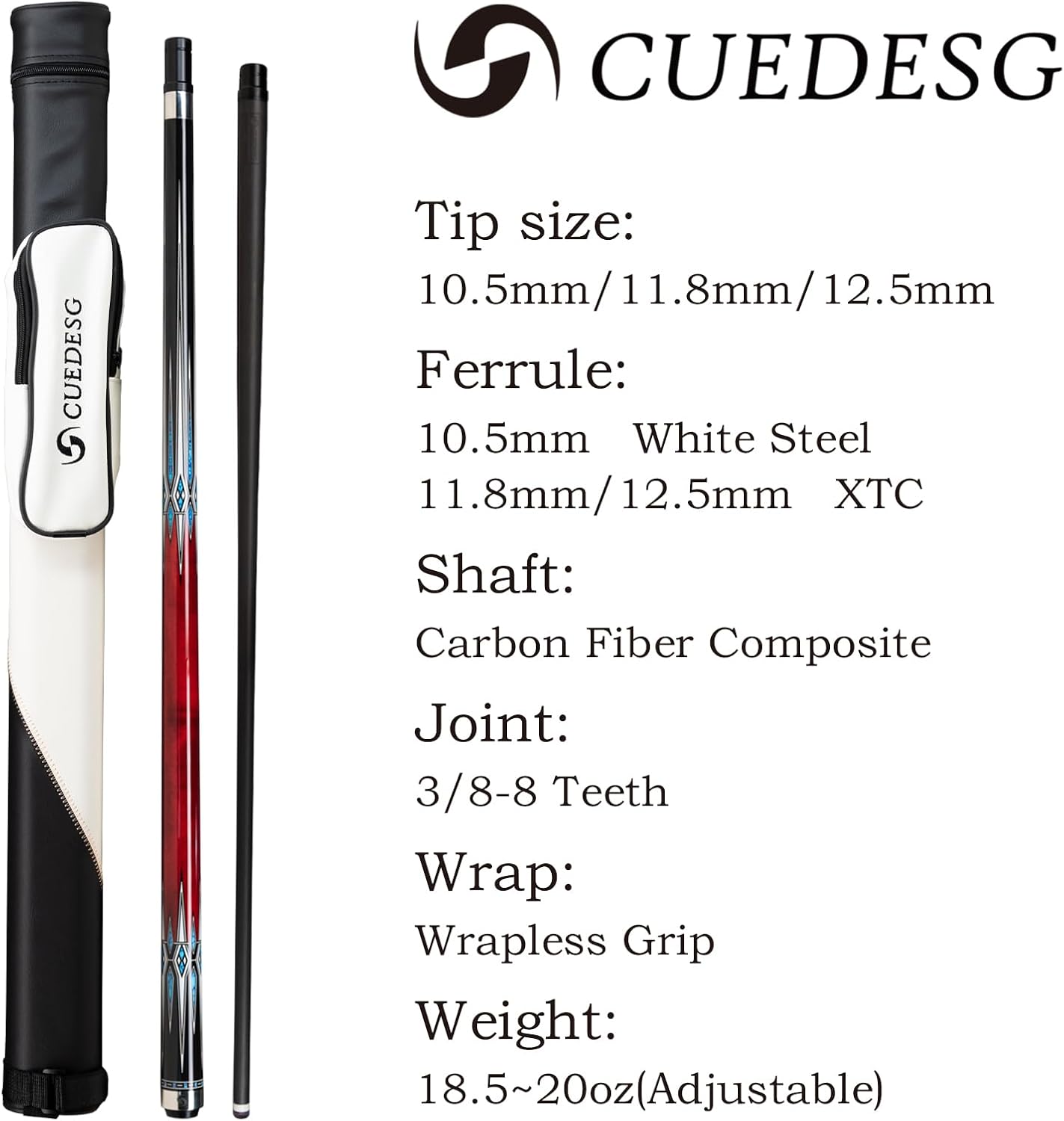 Carbon Fiber Pool Cue Stick 10.5mm/11.8mm/12.5mm,Low Deflection Pool Stick,Professional Cue Stick with Case