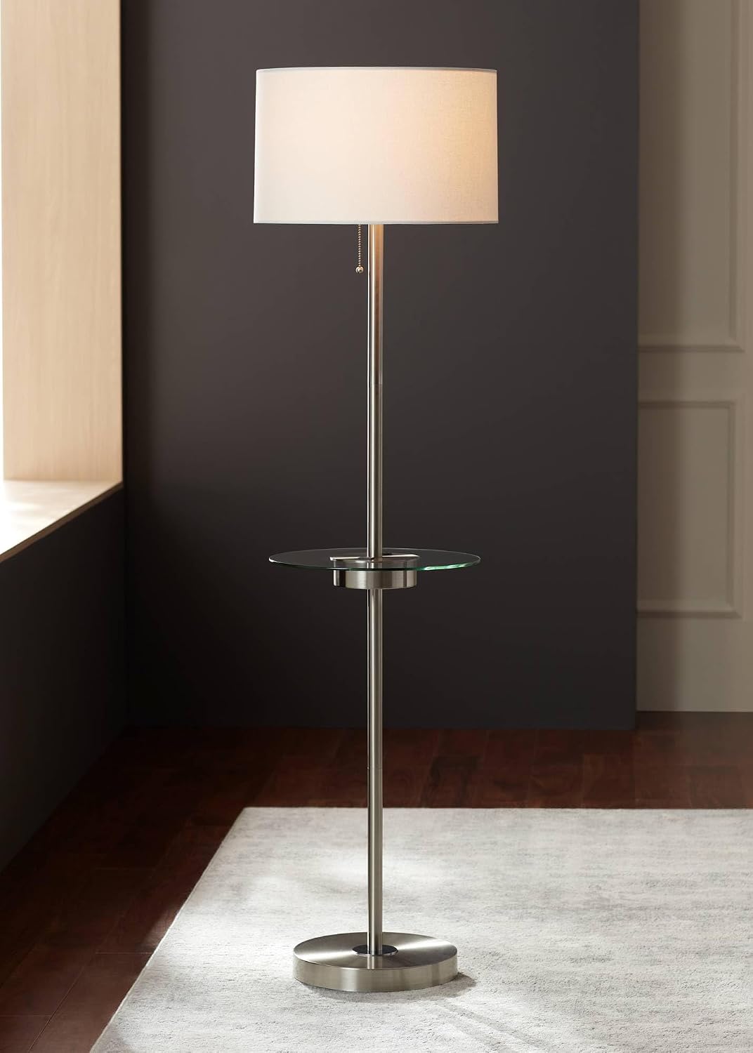 360 Lighting Caper 60 1/2" Tall Nickel Tray Table USB and Outlet Floor Lamp | Modern with AC Power on Glass 5 Satin White Fabric Drum Shade for Living Room Reading House Bedroom