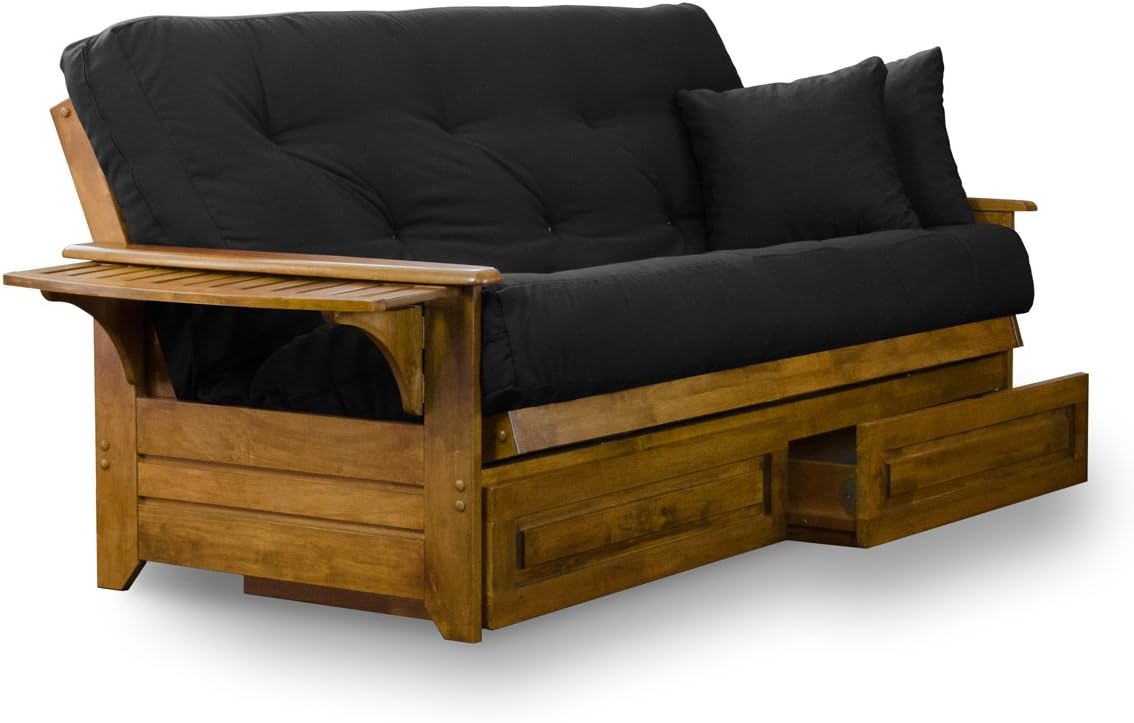 Brentwood Tray Arm Futon Frame, Drawers, and Khaki Mattress Set - Queen, Rich Heritage Finish