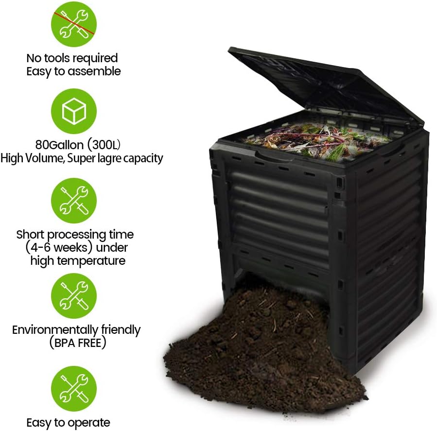 80 Gallon (300L) Large Capacity Static Compost Bin - Forest Green Outdoor Waste Composter with Easy-Access Hatch