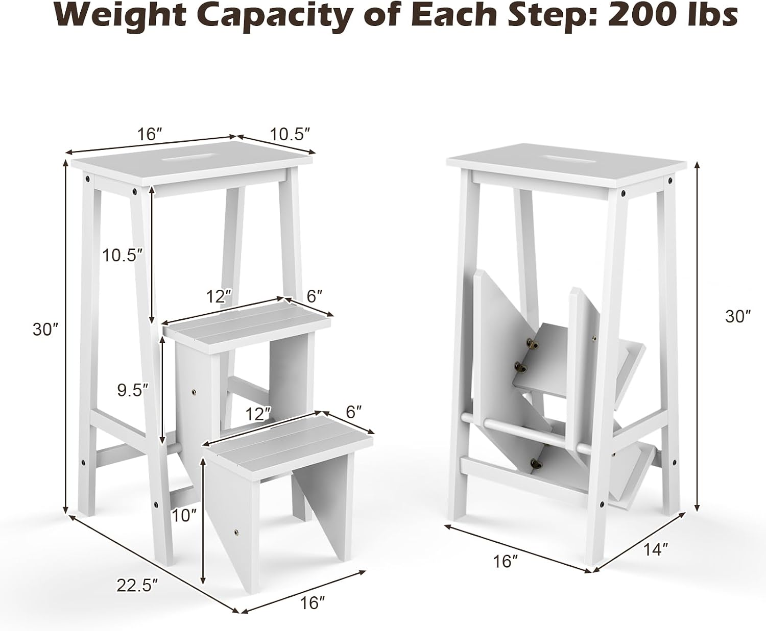 Costzon Folding 3 Step Stool, 3 in 1 Wooden Step Ladder with Handle, Non-Slip Pedal, Multifunctional Storage Shelf, Flower Rack for Kitchen, Library, Garage, Foldable Step Stool for Adults Kids