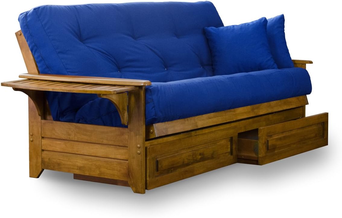 Brentwood Tray Arm Futon Frame, Drawers, and Khaki Mattress Set - Queen, Rich Heritage Finish