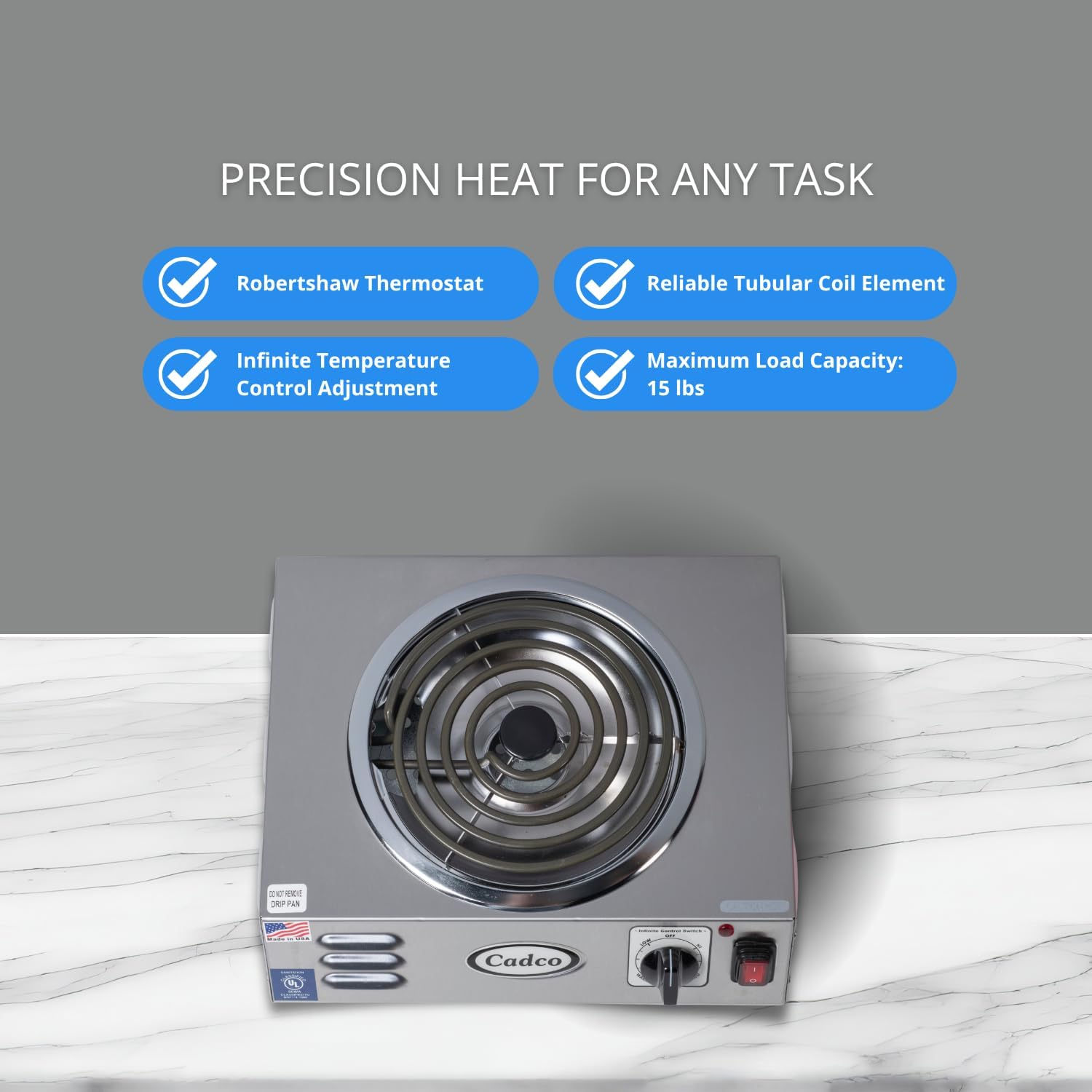 Cadco CSR-3T 14" Portable Electric Hot Plate, 1500W, 120V, Stainless Steel