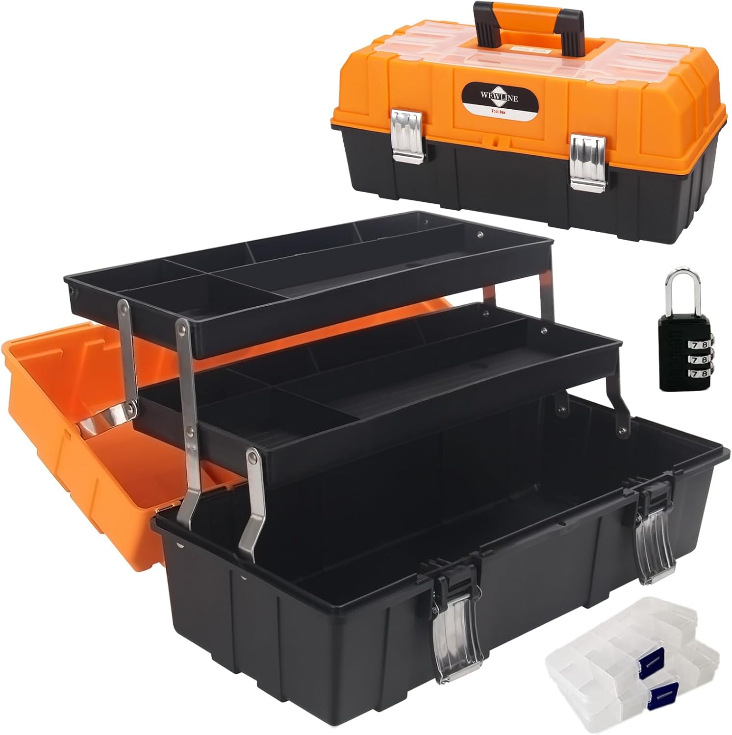WEWLINE 16.5-Inch Tool Box Organizer 3-Layer Multiplication Plastic Storage Toolbox with Portable Handle Perfect for Home Office Car Trunk Fishing