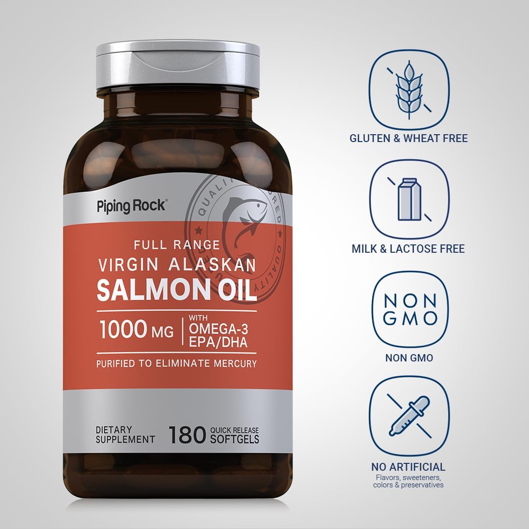 Piping Rock Wild Alaskan Salmon Oil for Humans | 1000mg | 180 Softgel Capsules | Omega 3 Supplement with EPA and DHA | Non-GMO and Gluten Free