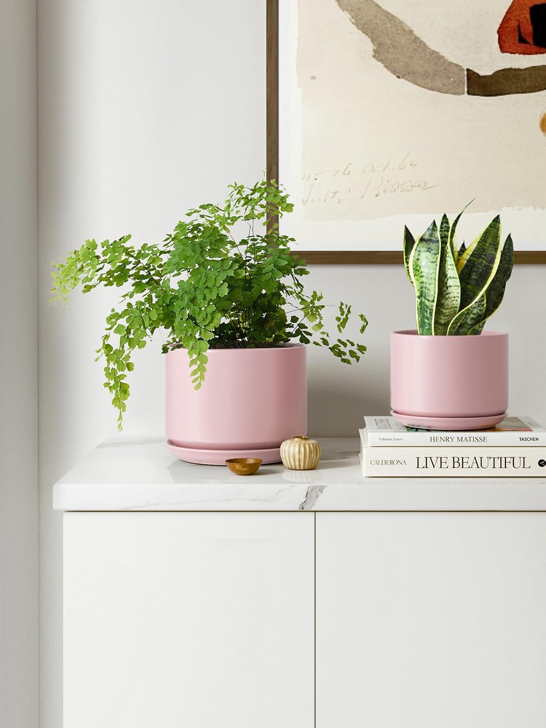 LE TAUCI Ceramic Plant Pots, 4.3+5.3+6.8 inch, Set of 3, Planters with Drainage Hole and Saucer, Indoor Flower Pot with Hole Mesh Pad, Gifts for Mom