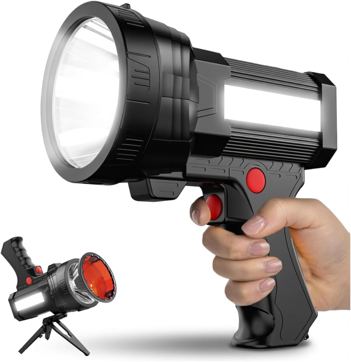 BIGSUN Q953 Rechargeable Spotlight,100000 High Lumen LED Flashlightv with COB Flood Light, Built-in 10,000 mAh Li-Ion Battery for Patrol, Working, Hunting, Red Lens and Tripod