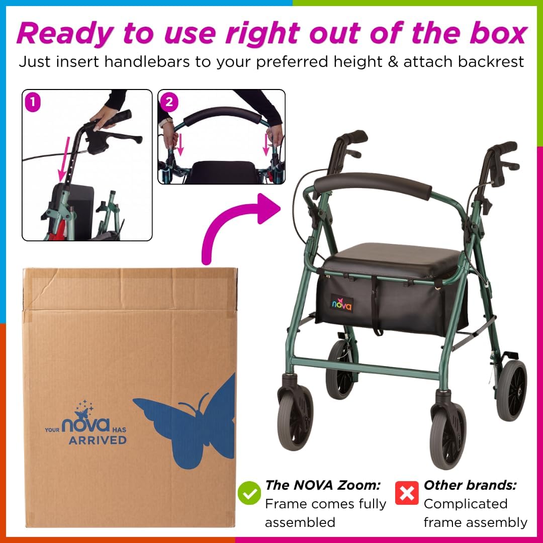 NOVA Zoom 22 Rollator Walker for Seniors, Rolling Walker with Locking Hand Brakes, Padded Seat & 8" Wheels, Lock N Load for Easy Transport & Storage, Adjustable Height 5'5"–6'1", Red
