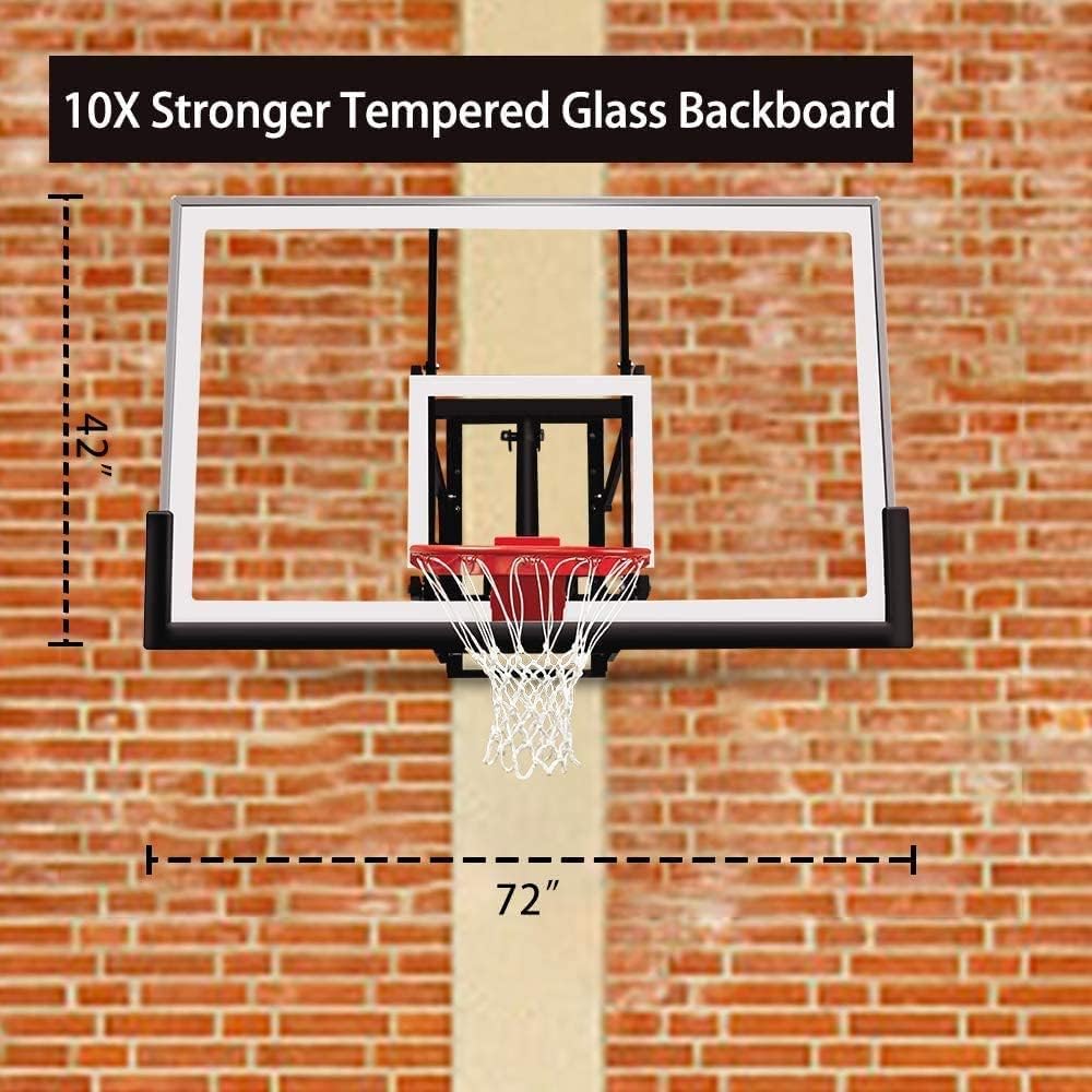 Katop Wall Mount Basketball Hoop with 60"x36", 72"x42" Tempered Glass Backboard, Effortlessly Height Adjustable from 7.5' to 10'