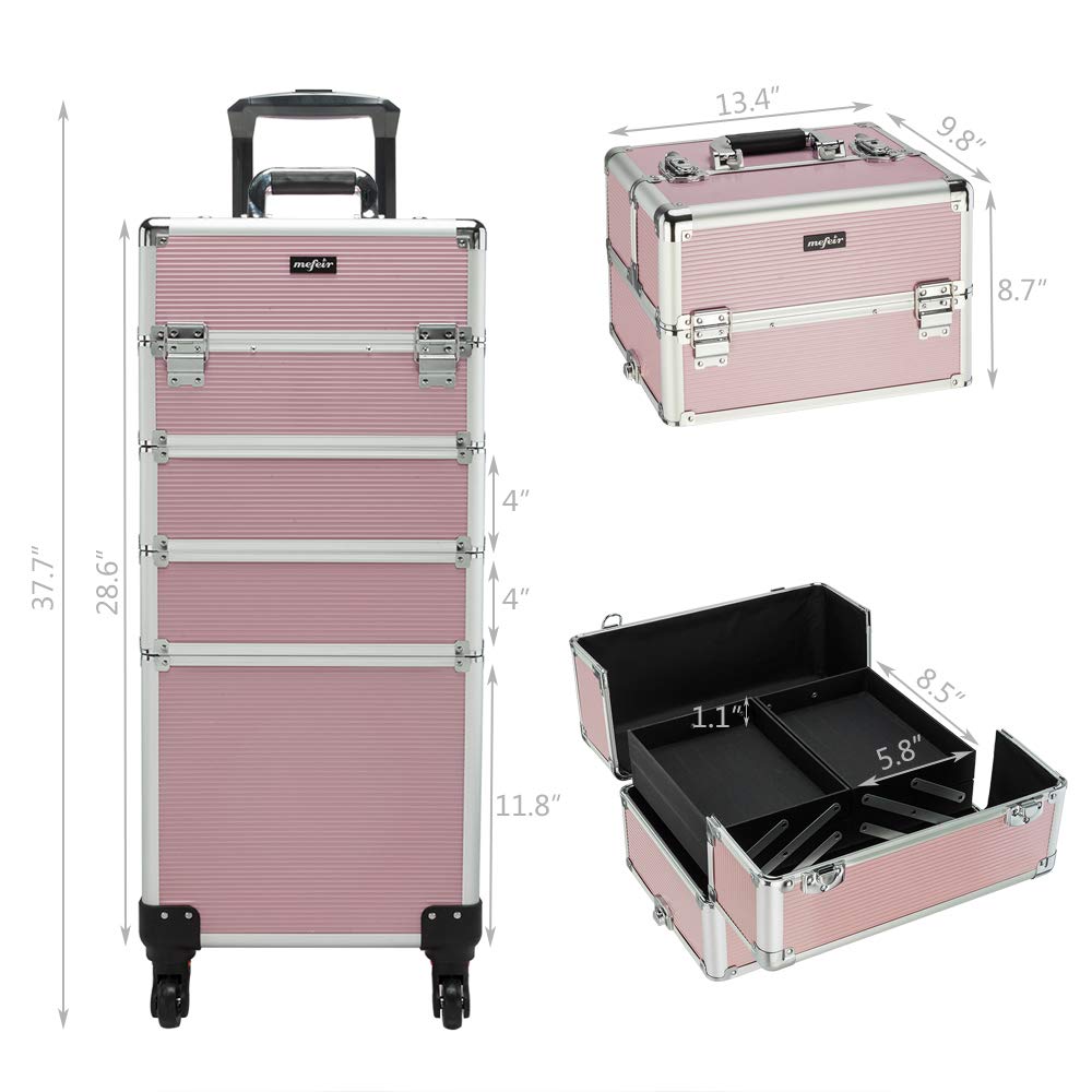 mefeir 4 in 1 Rolling Makeup Train Case, Aluminum Makeup Travel Organizer Cosmetic Case, Cosmetology Display Suitcase on Wheels, Beauty Storage Luggage Lockable w/4 Removable Wheels (Black)