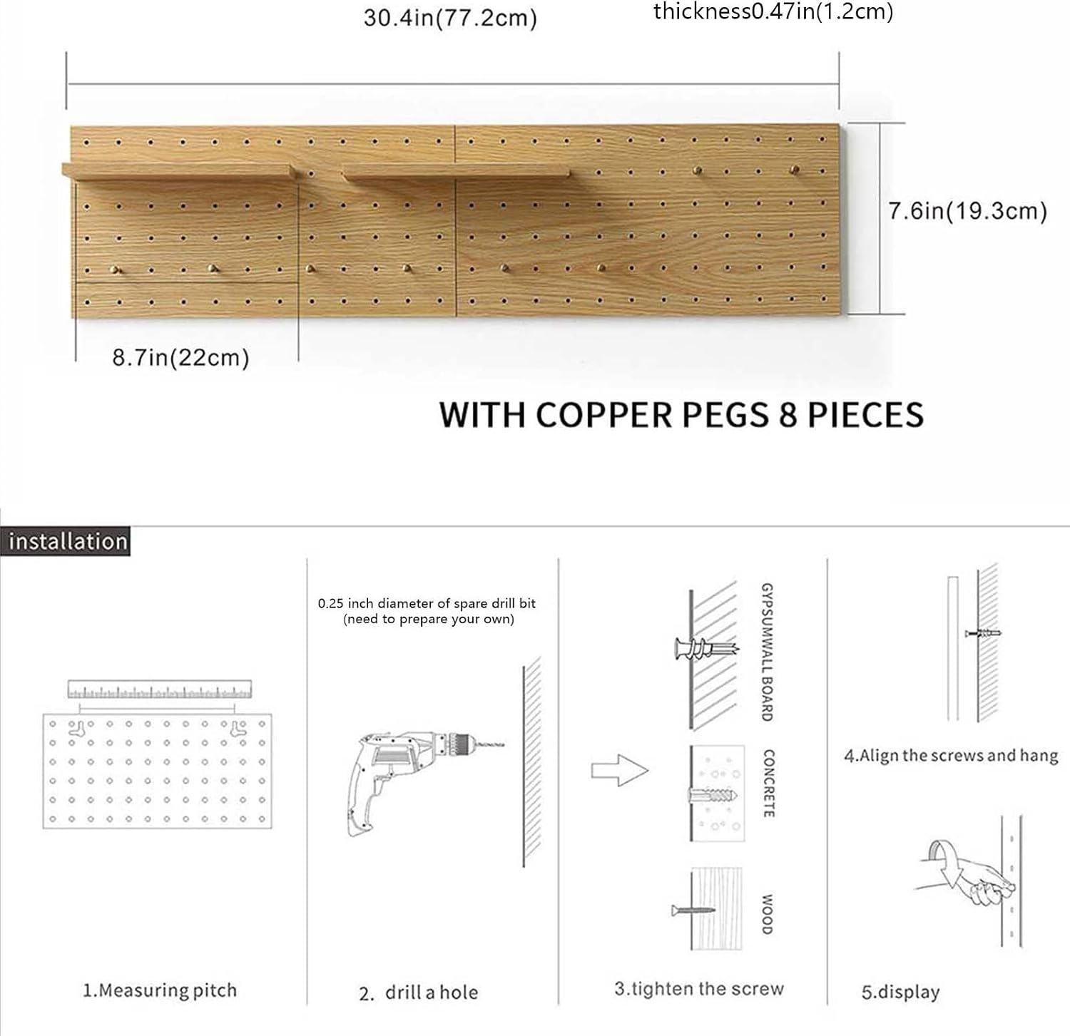 Wooden Pegboard Modular Display Organization Storage Wall Hooks Shelf(Color:Oak)