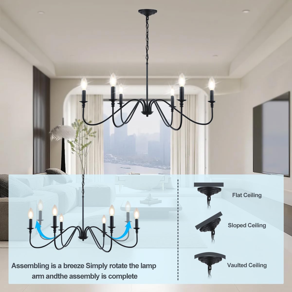 Miluolan Black Chandelier, 6-Light Farmhouse Chandelier for Dining Room | Rustic iron candelabra with adjustable 47.24" chain. Fits sloped ceilings